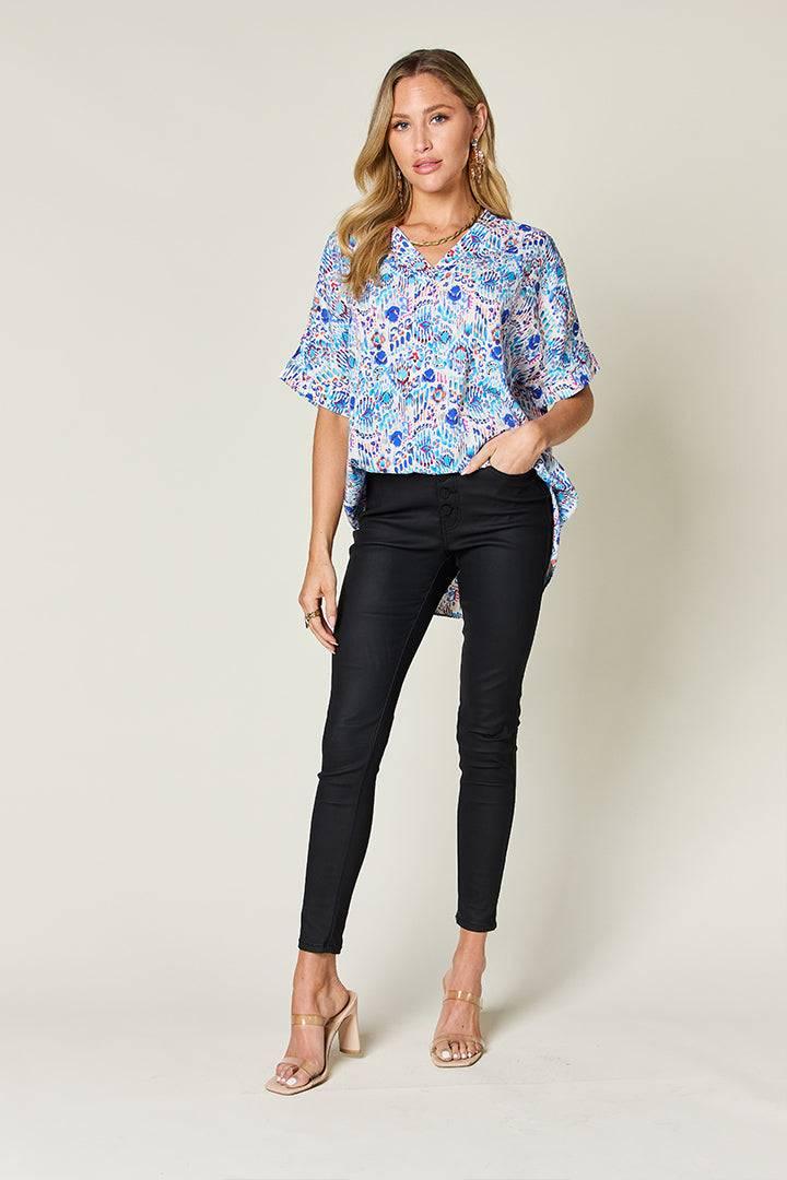 Double Take Full Size Printed V-Neck Short Sleeve Blouse - Clothes For Her Online Store