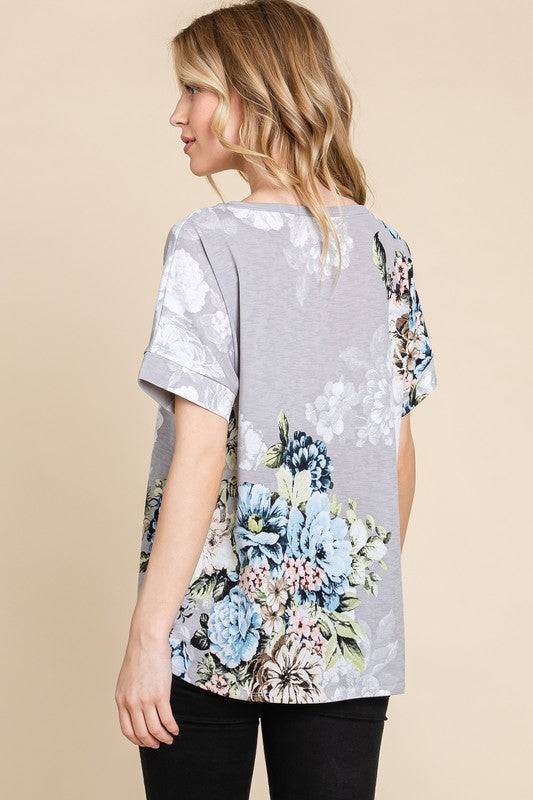BOMBOM Floral Round Neck Short Sleeve T-Shirt - Clothes For Her Online Store