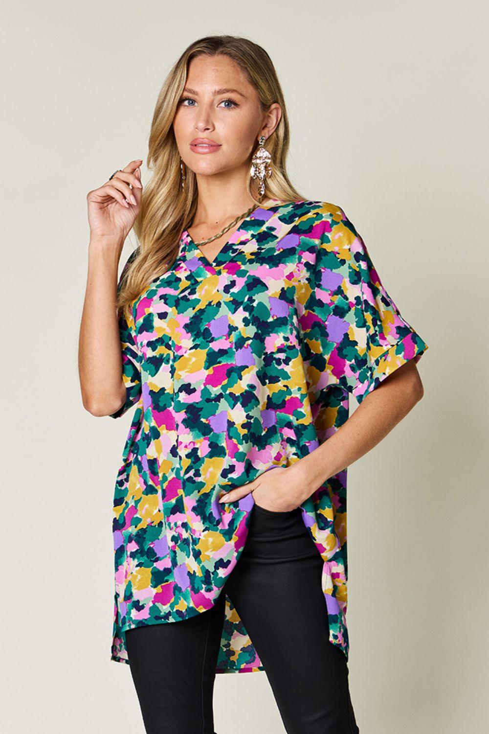 Double Take Full Size Printed V-Neck Short Sleeve Side Slit Top - Clothes For Her Online Store