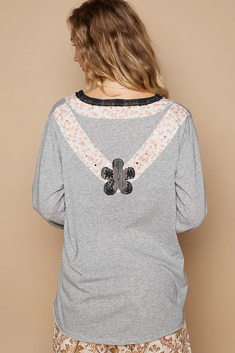 POL Lace Flower Patch Long Sleeve T-Shirt