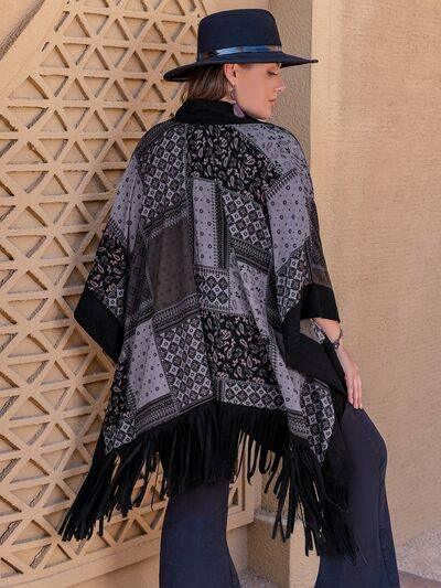 Plus Size Printed Fringe Open Front Outerwear - Clothes For Her Online Store