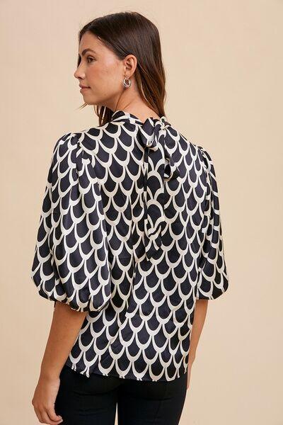 Annie Wear Tie Back Abstract Print Mock Neck Half Sleeve Blouse - Clothes For Her Online Store