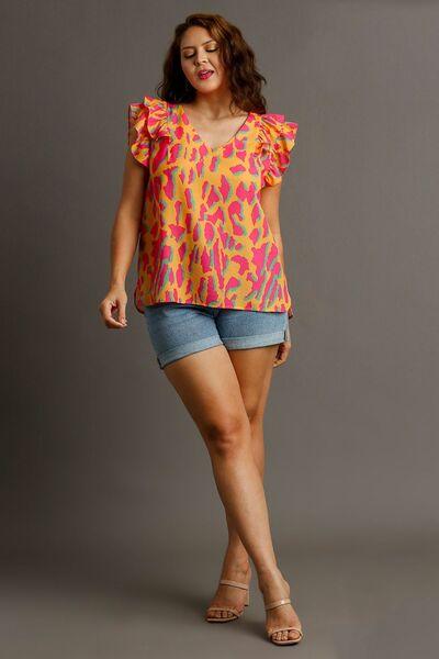 Umgee Full Size Abstract Print V-Neck Double Layer Ruffle Sleeve Blouse Plus Size - Clothes For Her Online Store
