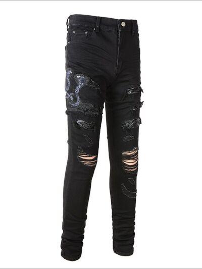 Men's Washed Snake Embroidered Slim Jeans - Clothes For Her Online Store