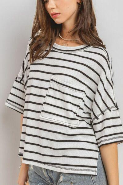Ces Femme Side Slit Striped Round Neck Half Sleeve T-Shirt - Clothes For Her Online Store