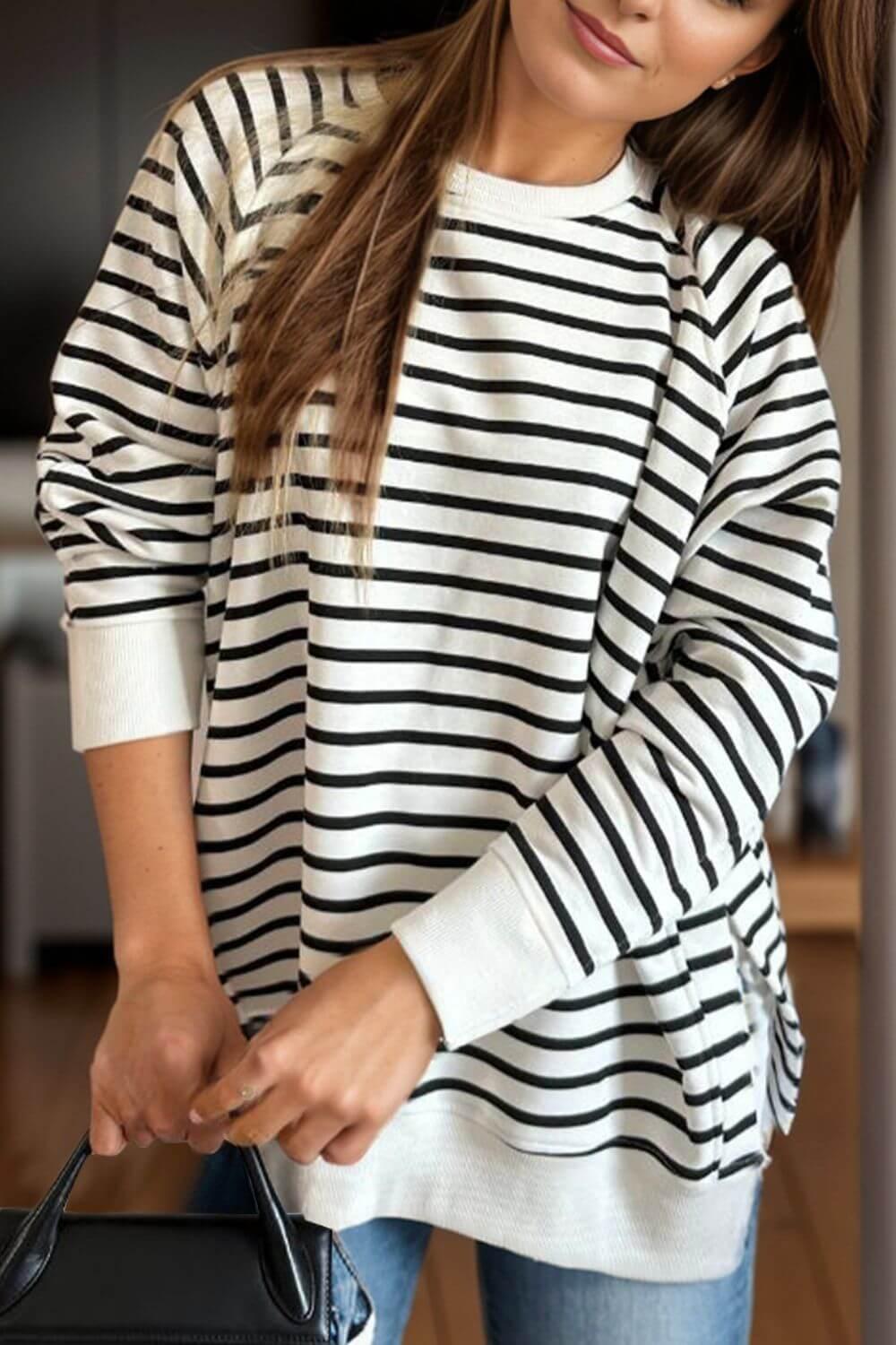 Slit Striped Round Neck Long Sleeve Sweatshirt - Clothes For Her Online Store