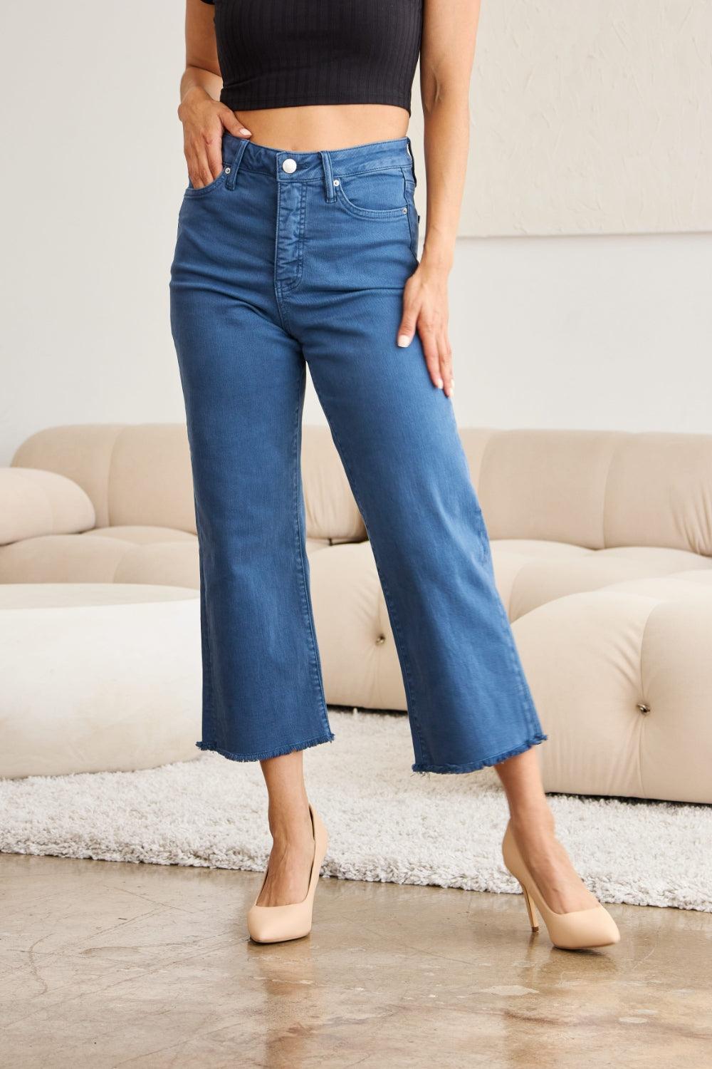 RFM Crop Chloe Full Size Tummy Control High Waist Raw Hem Jeans - Clothes For Her Online Store