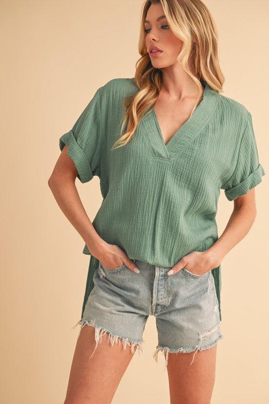 Aemi + Co Side Slit V-Neck Short Sleeve Blouse - Clothes For Her Online Store