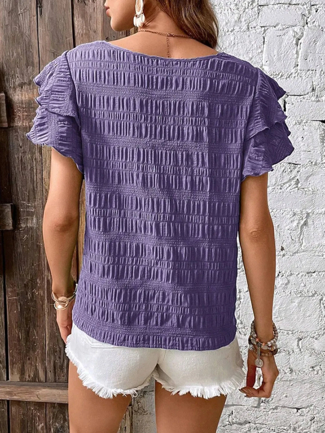 Round Neck Ruffled Short Sleeve Top