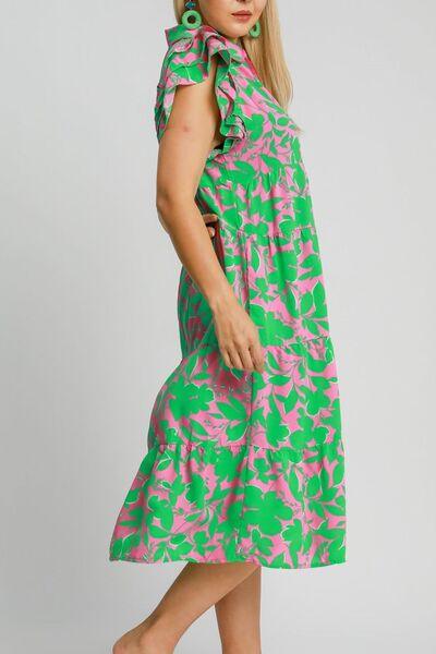 Umgee Full Size Floral Collared Ruffle Cap Sleeve Midi Dress Plus Size - Clothes For Her Online Store