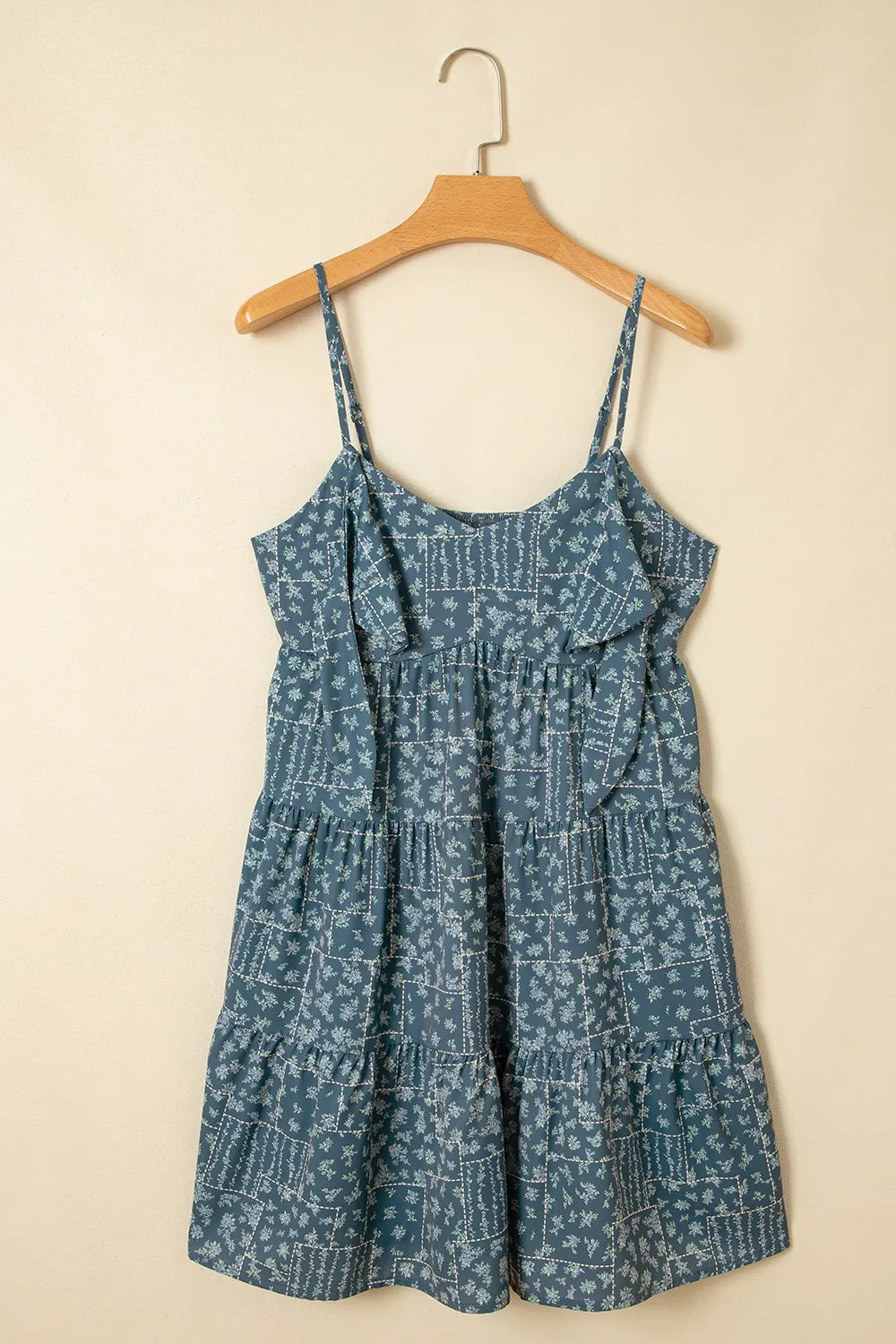 Spaghetti Straps Floral Print Knot Detail High Waist Flared Dress