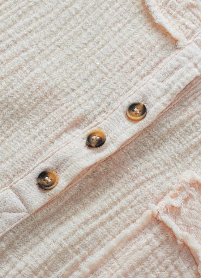 Textured Frayed Trim Half Button Short Sleeve Top - Clothes For Her Online Store