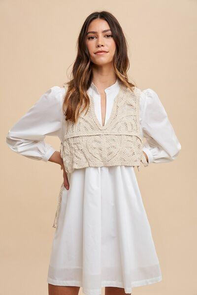 Annie Wear Crochet Vest Notched Long Sleeve Shirt Dress - Clothes For Her Online Store