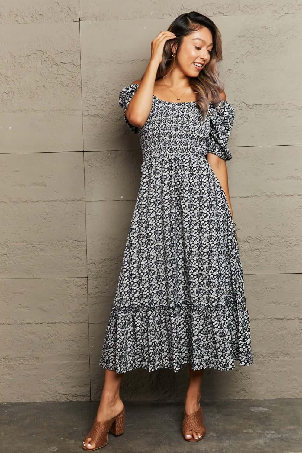 Perfee Floral Lace-Up Off-Shoulder Midi Dress - Clothes For Her Online Store