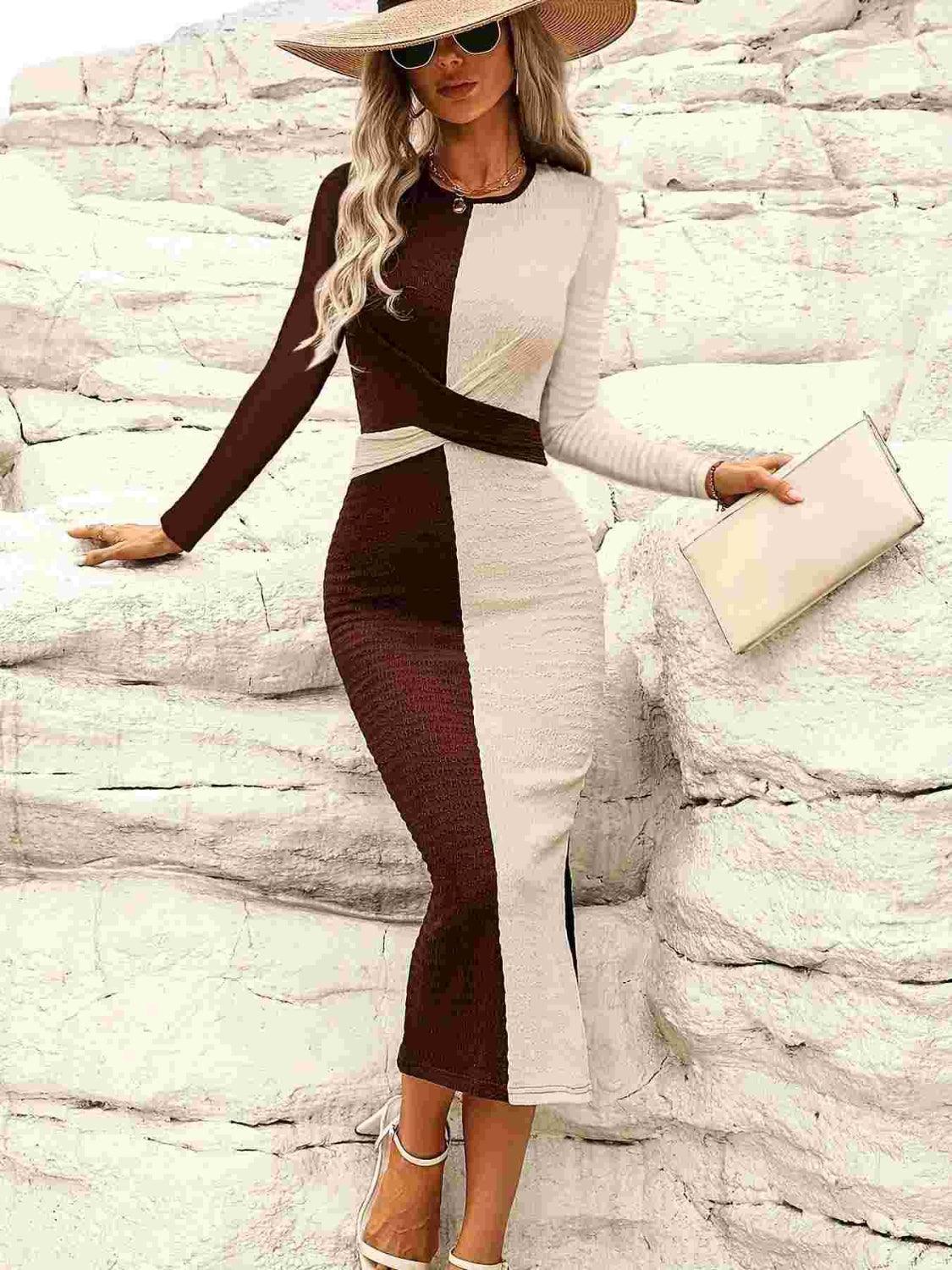 Two Tone Slit Round Neck Long Sleeve Midi Dress - Clothes For Her Online Store