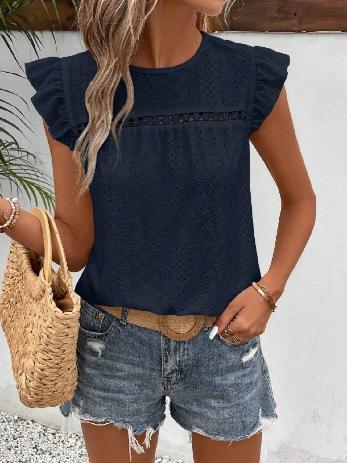 Eyelet Round Neck Cap Sleeve Top