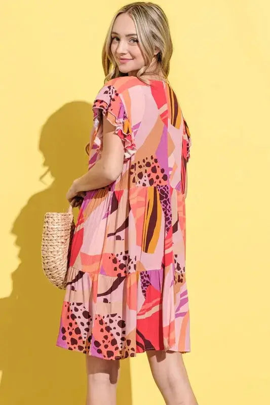 And The Why Printed Double Ruffles Sleeve Dress - Clothes For Her Online Store