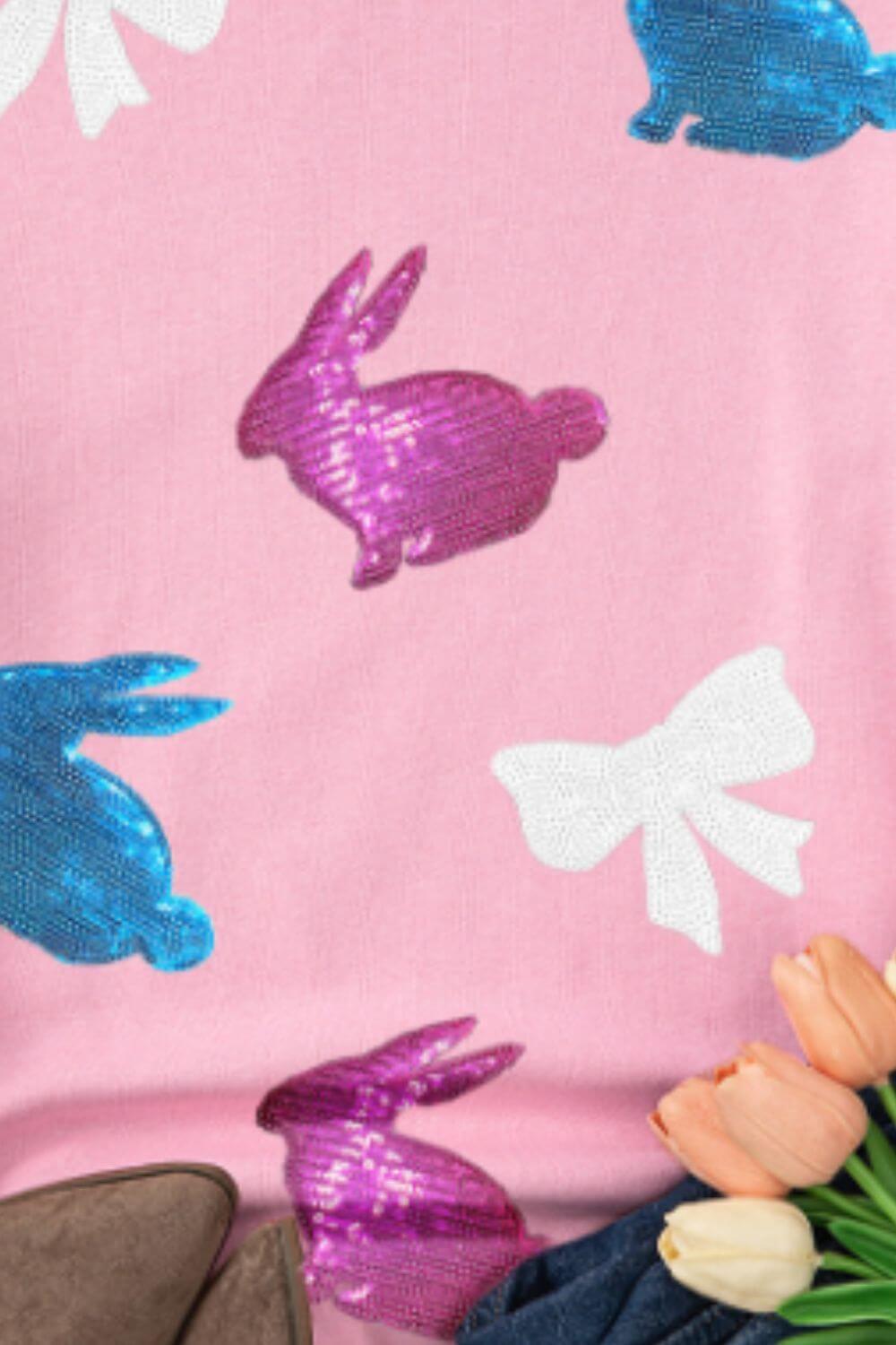 Easter Bunny Bow Knot Sequined Sweatshirt - Clothes For Her Online Store