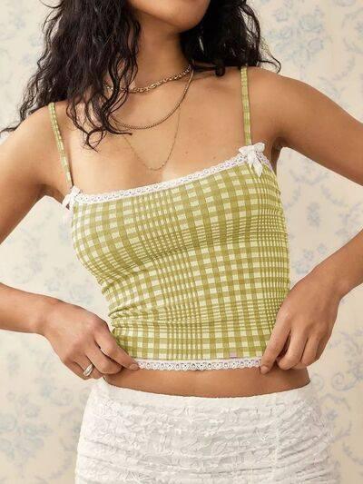 Lace Detail Plaid Square Neck Cami - Clothes For Her Online Store