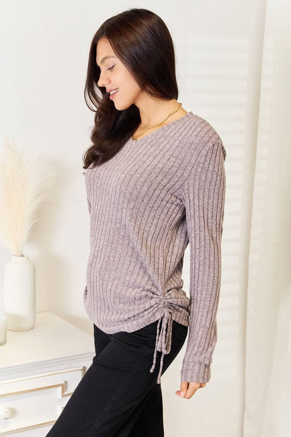 Double Take Drawstring Ribbed Long Sleeve T-Shirt - Clothes For Her Online Store