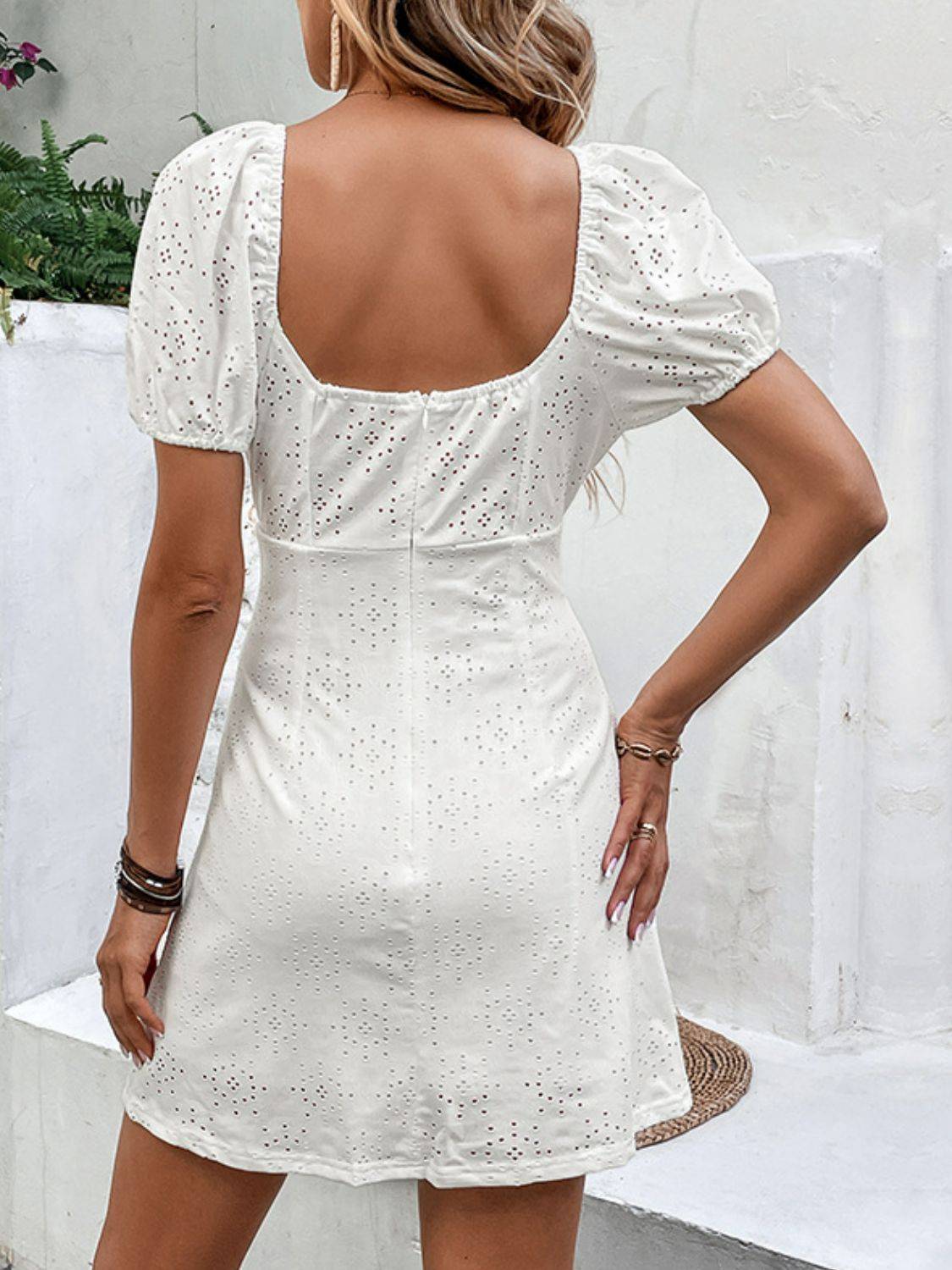 Perfee Bow Detail Eyelet Puff Sleeve Dress - Clothes For Her Online Store