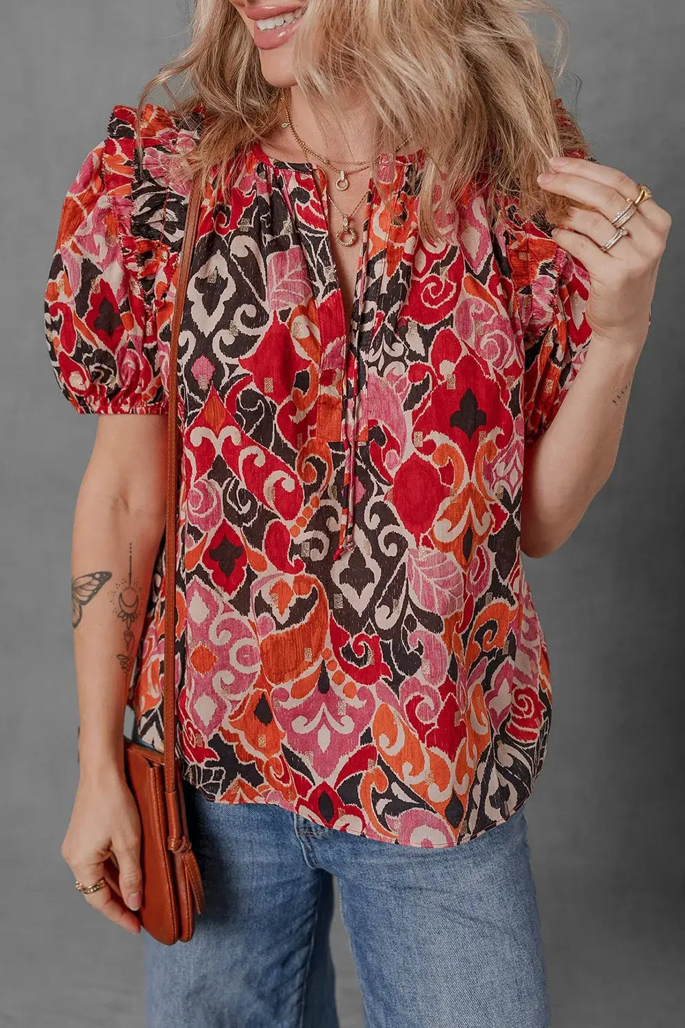 Ethnic Print Split Neck Short Puff Sleeve Blouse