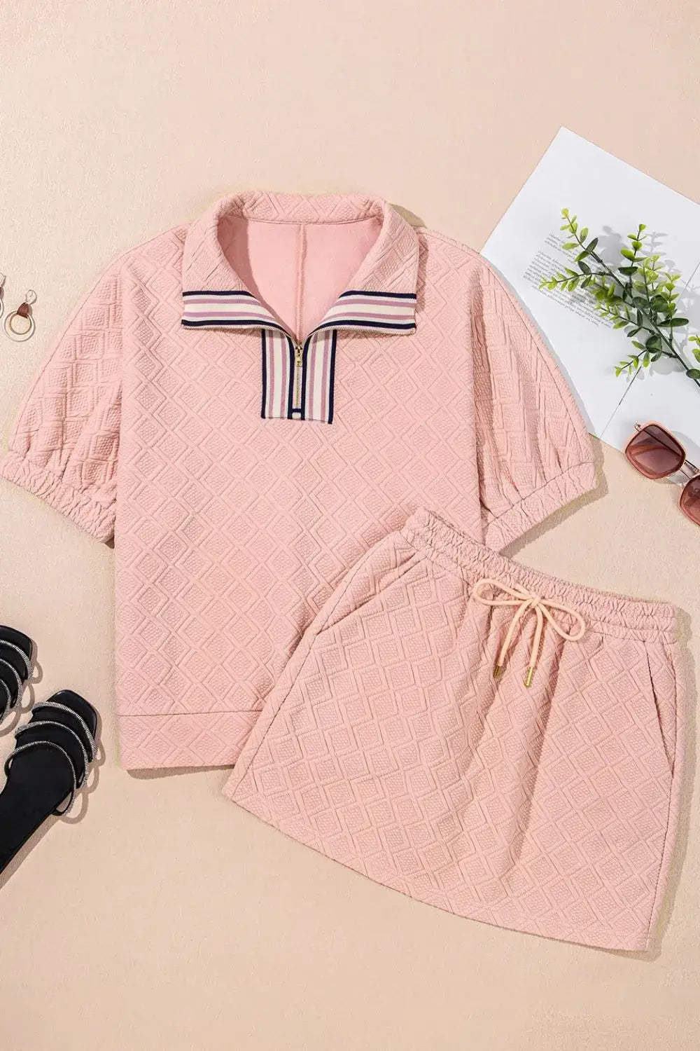 Half Zip Half Sleeve Top and Skirt Set - Clothes For Her Online Store