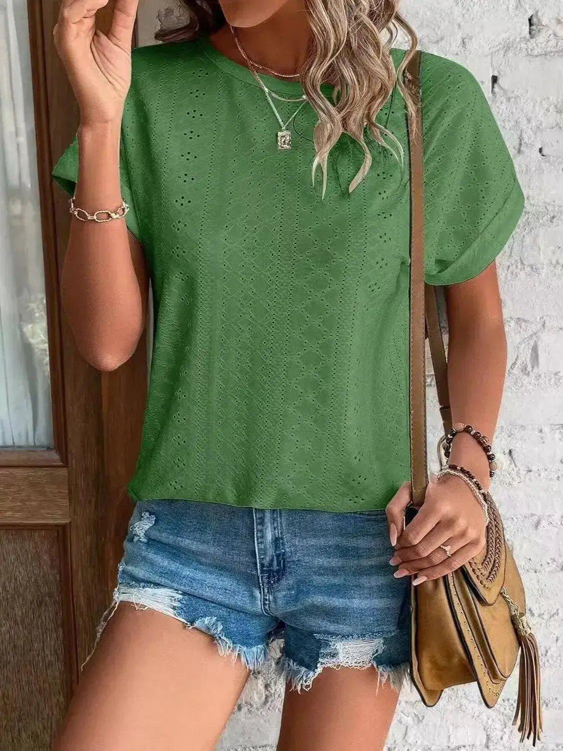 Eyelet Round Neck Short Sleeve Top - Clothes For Her Online Store