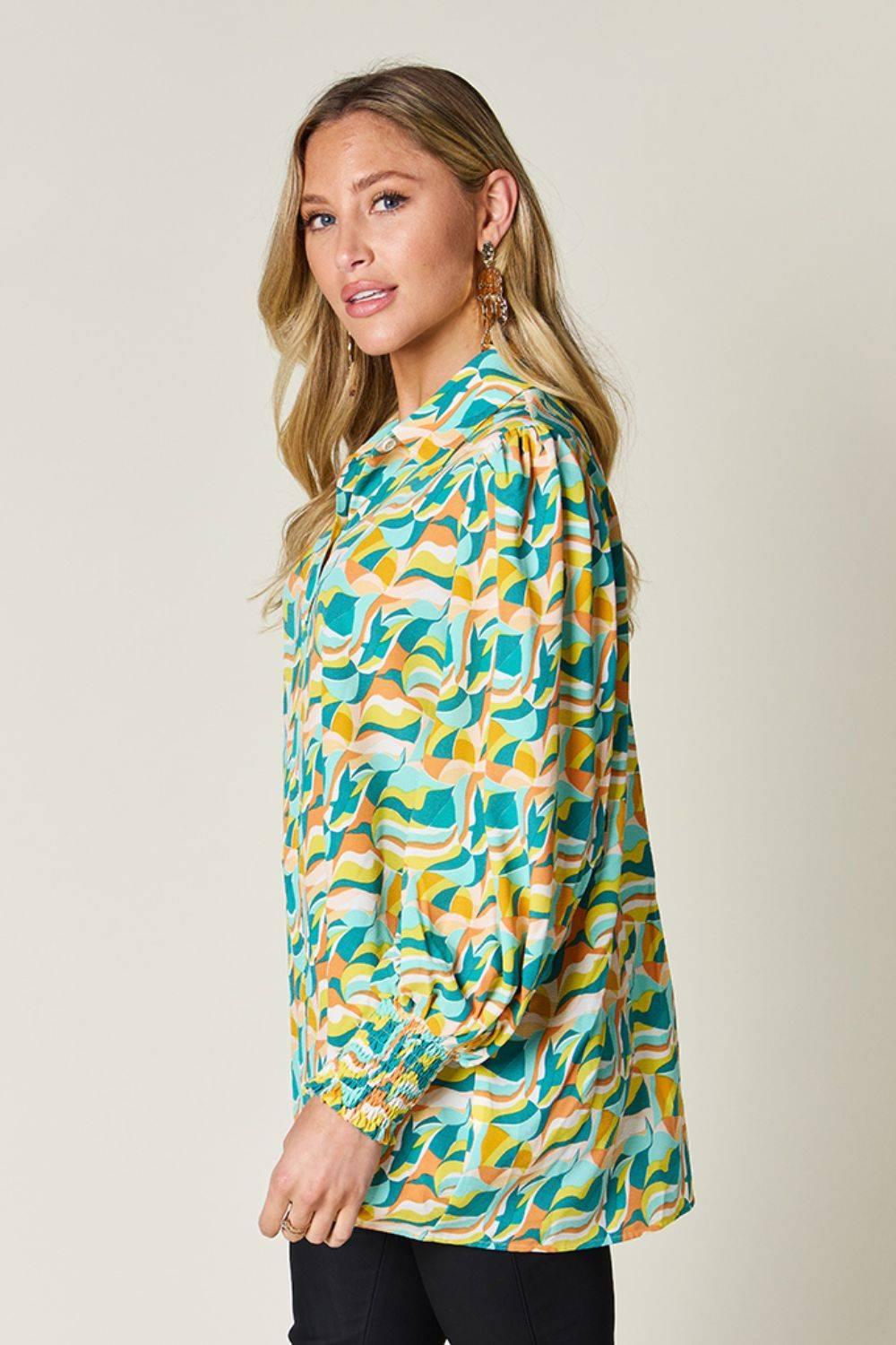 Double Take Full Size Printed Smocked Long Sleeve Blouse - Clothes For Her Online Store