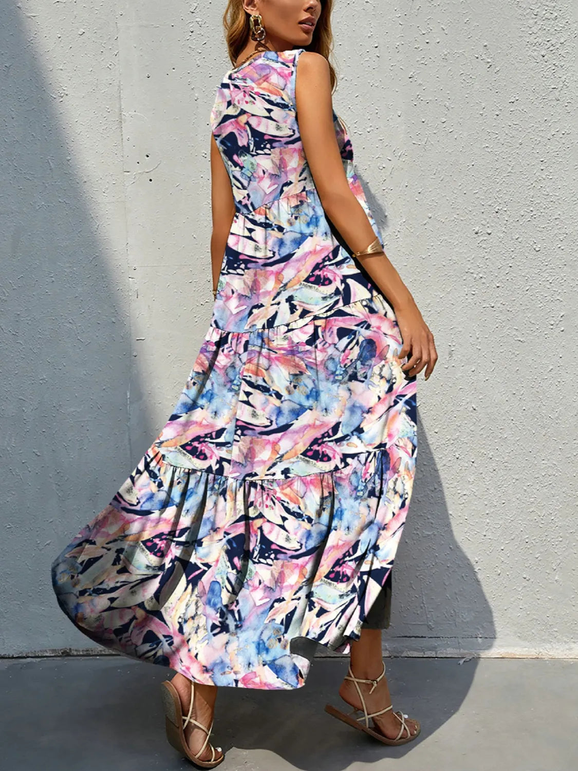 Printed V-Neck Tiered Maxi Tank Dress