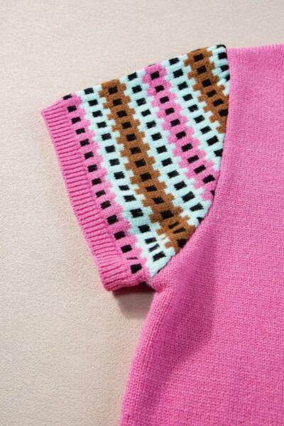 Contrast Short Sleeves Round Neck Sweater - Clothes For Her Online Store