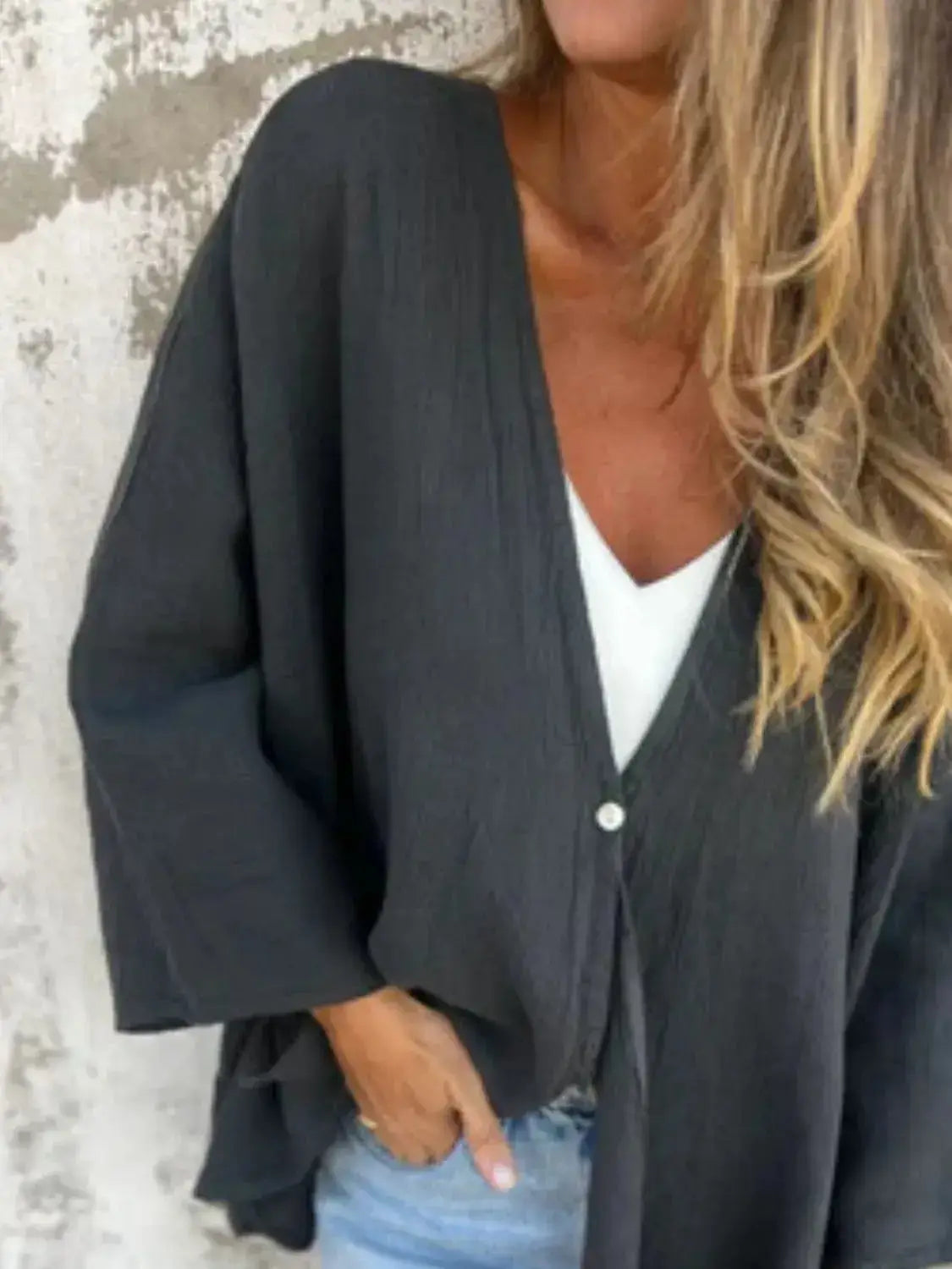 Full Size One Button Long Sleeve Shirt Plus Size - Clothes For Her Online Store