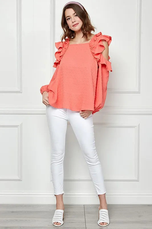 Lime 'N' Chili Ruffle Trim Cold Shoulder Swiss Dot Blouse