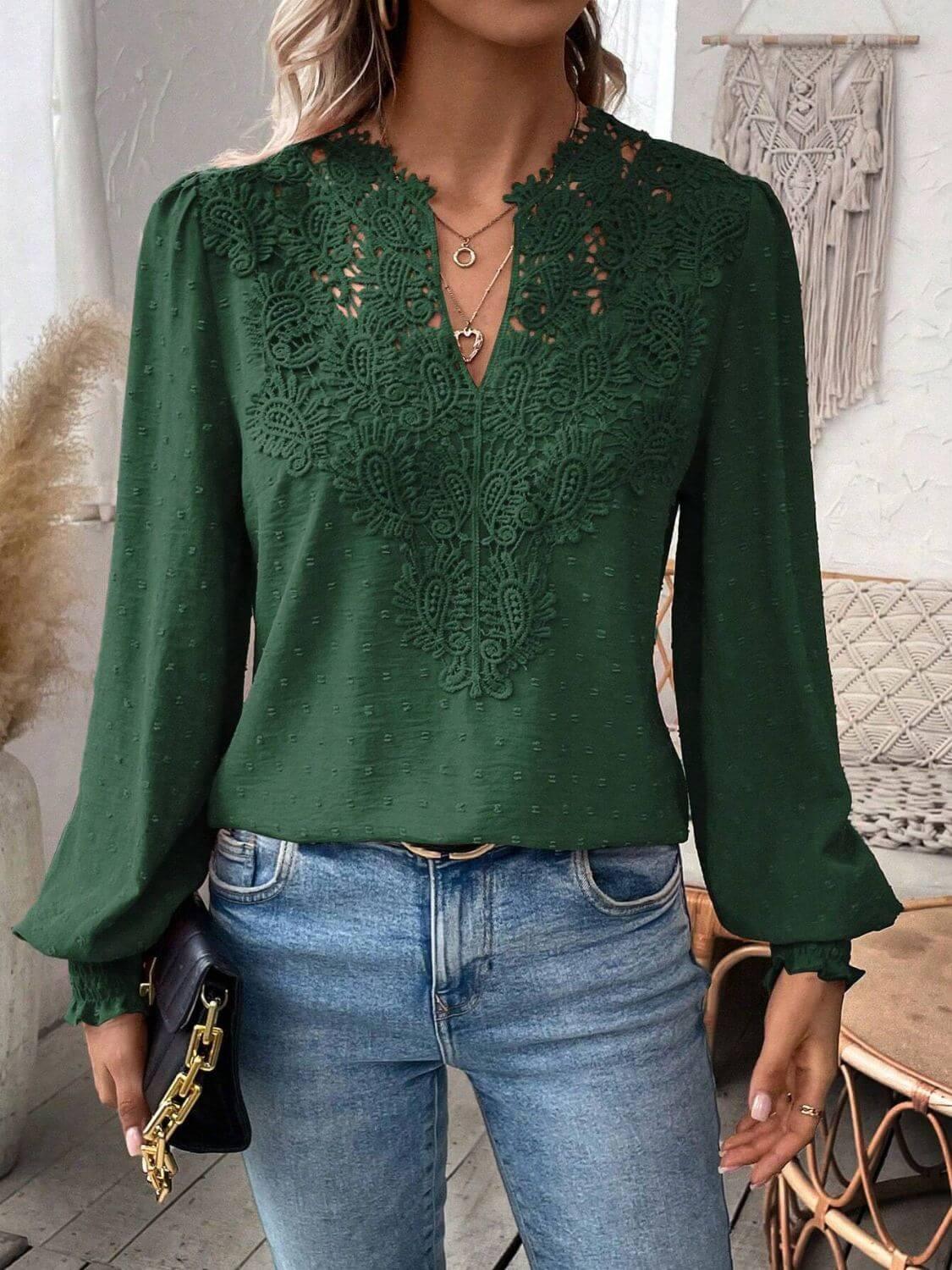 Swiss Dot Lace Detail Notched Long Sleeve Blouse - Clothes For Her Online Store