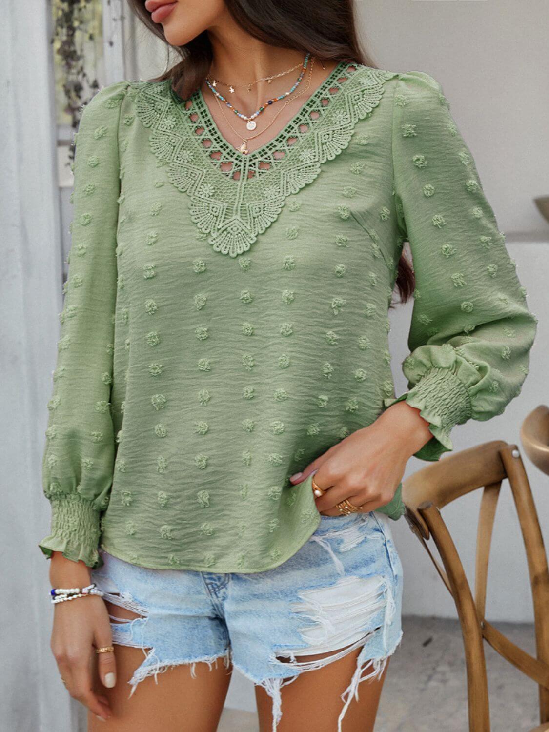 Devine Swiss Dot Lace Detail V-Neck Long Sleeve Blouse - Clothes For Her Online Store