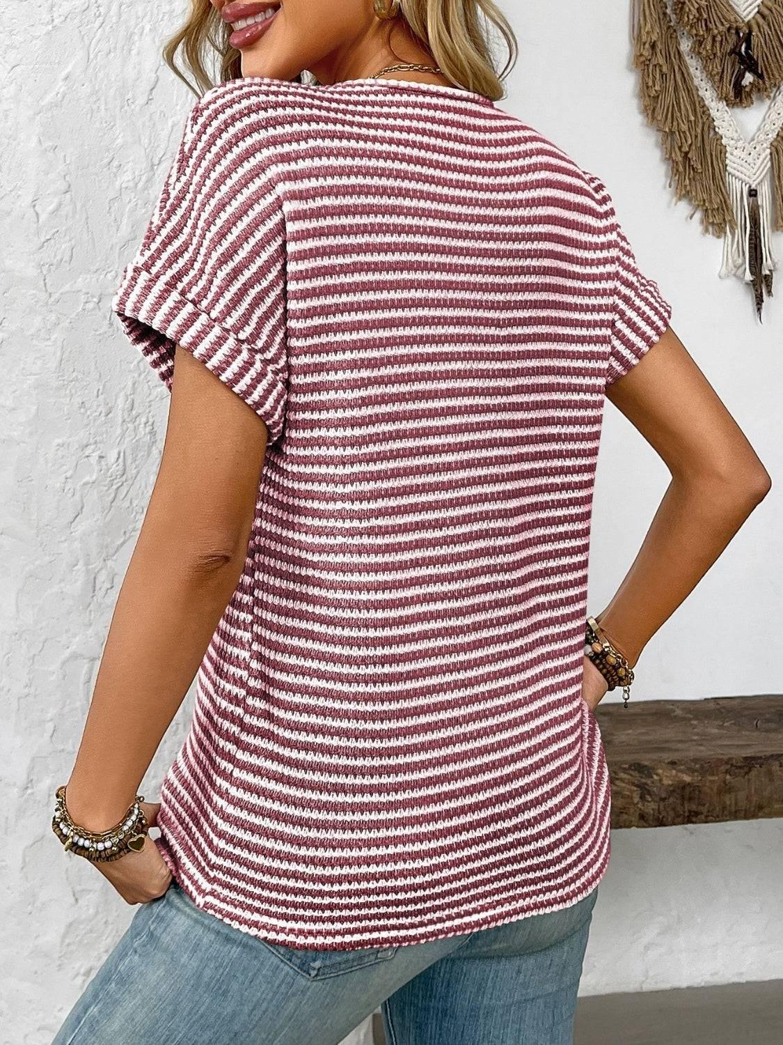 Striped Notched Short Sleeve T-Shirt - Clothes For Her Online Store