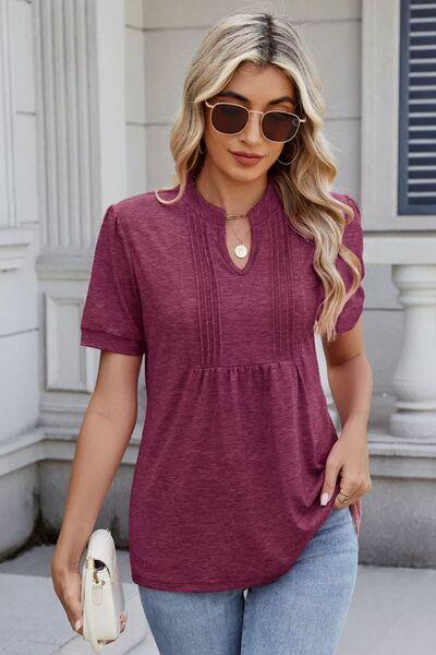 Notched Short Sleeve Solid Color Top - Clothes For Her Online Store