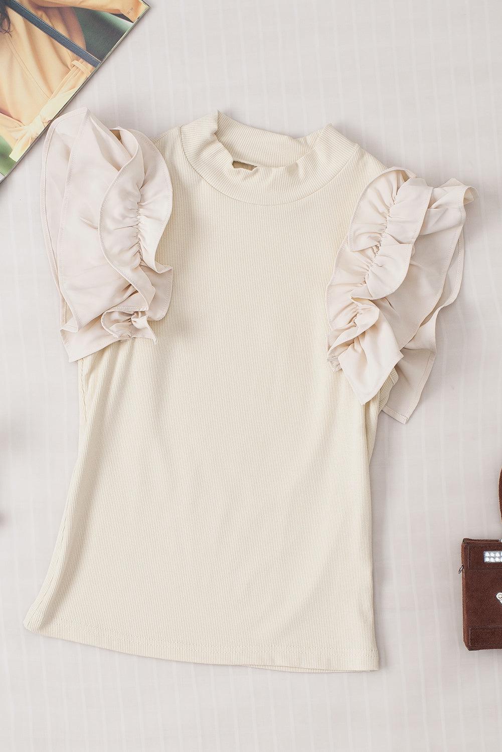 Ruffle Flutter Sleeve Mock Neck Ribbed Top - Clothes For Her Online Store
