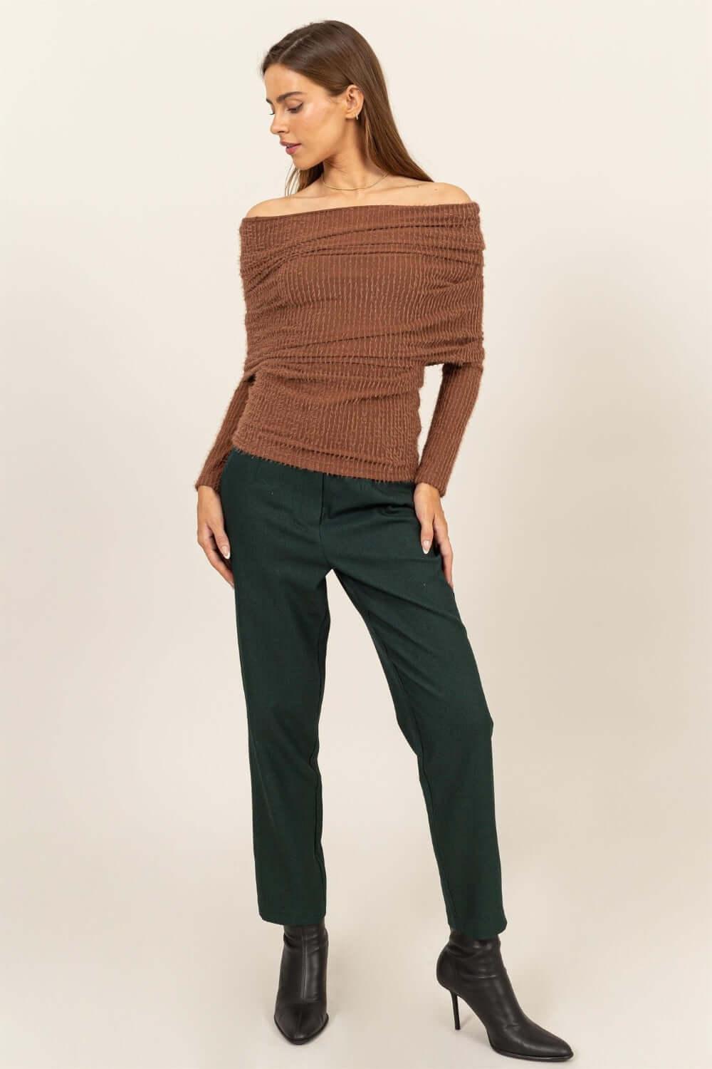 HYFVE Fuzzy Off Shoulder Textured Knit Top - Clothes For Her Online Store