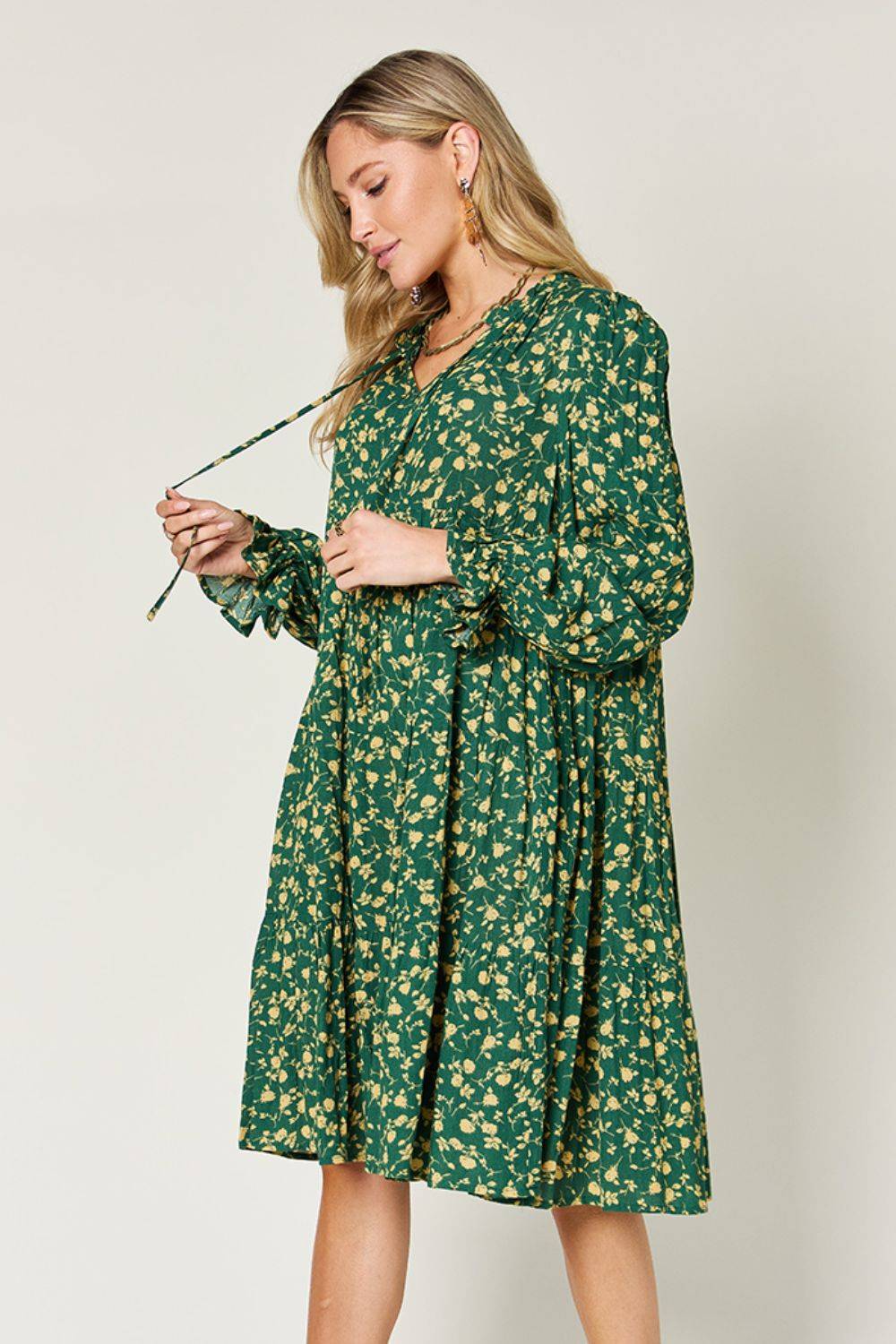 Double Take Full Size Printed Ruffle Hem Long Sleeve Tiered Dress - Clothes For Her Online Store