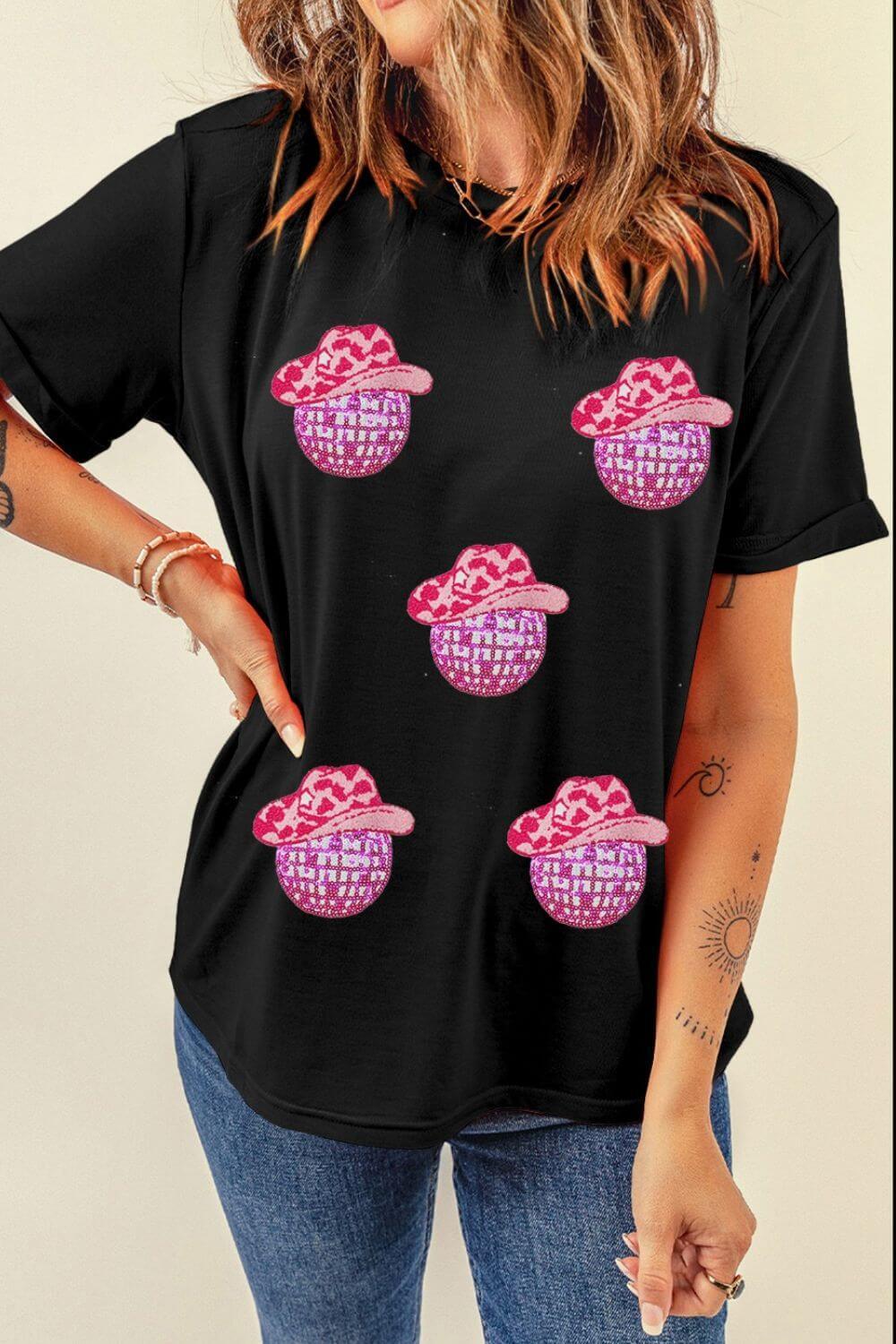 Cowboy Hat Disco Ball Patched Round Neck T-Shirt - Clothes For Her Online Store