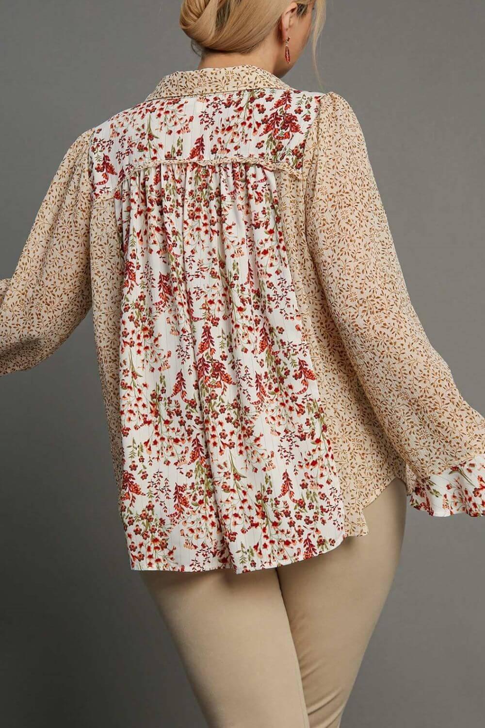 Umgee Full Size Mixed Print Metallic Detail Long Ruffle Sleeve Button Down Shirt Plus Size - Clothes For Her Online Store