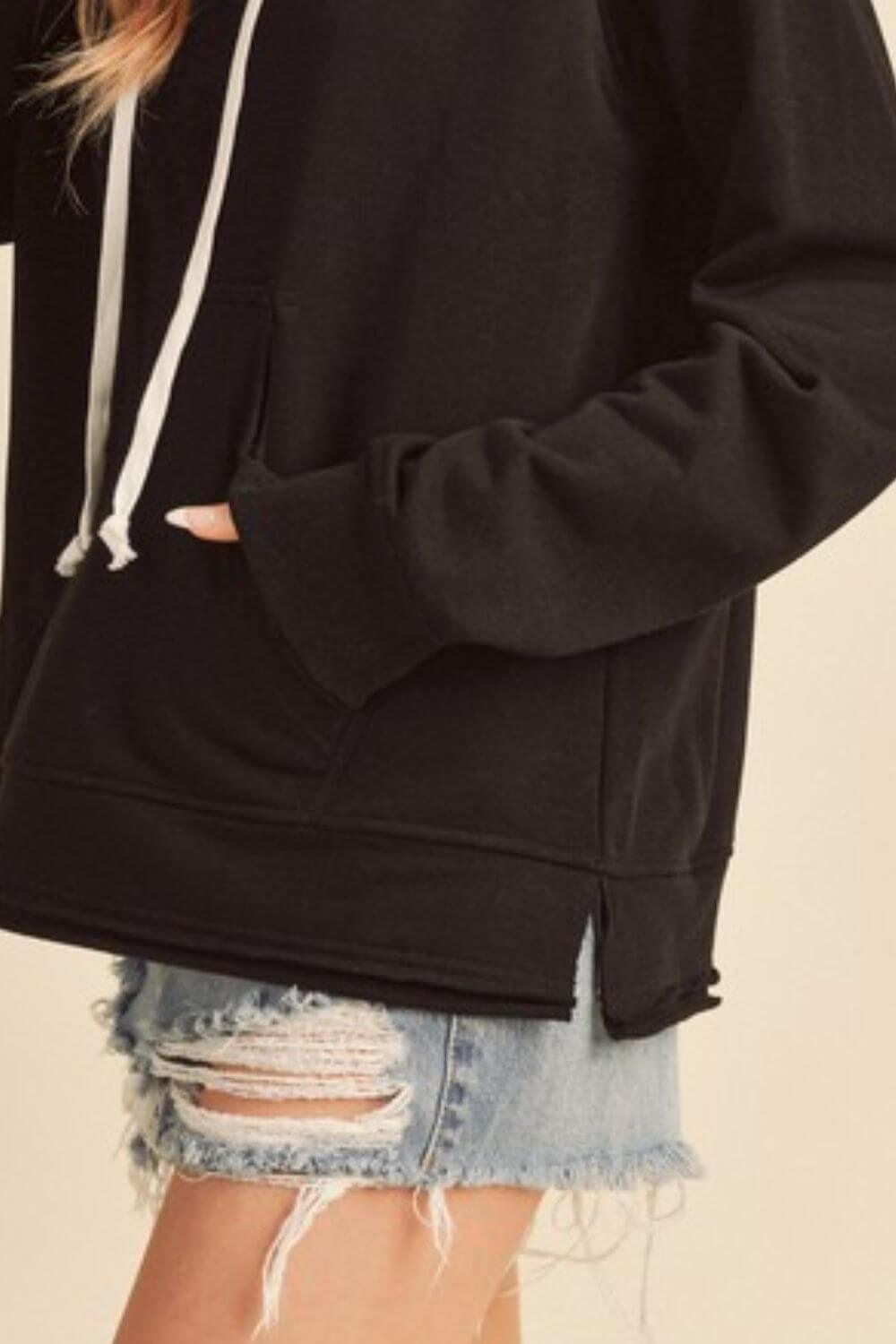 Aemi + Co Raw Hem Kangaroo Pocketed Drawstring Hoodie - Clothes For Her Online Store