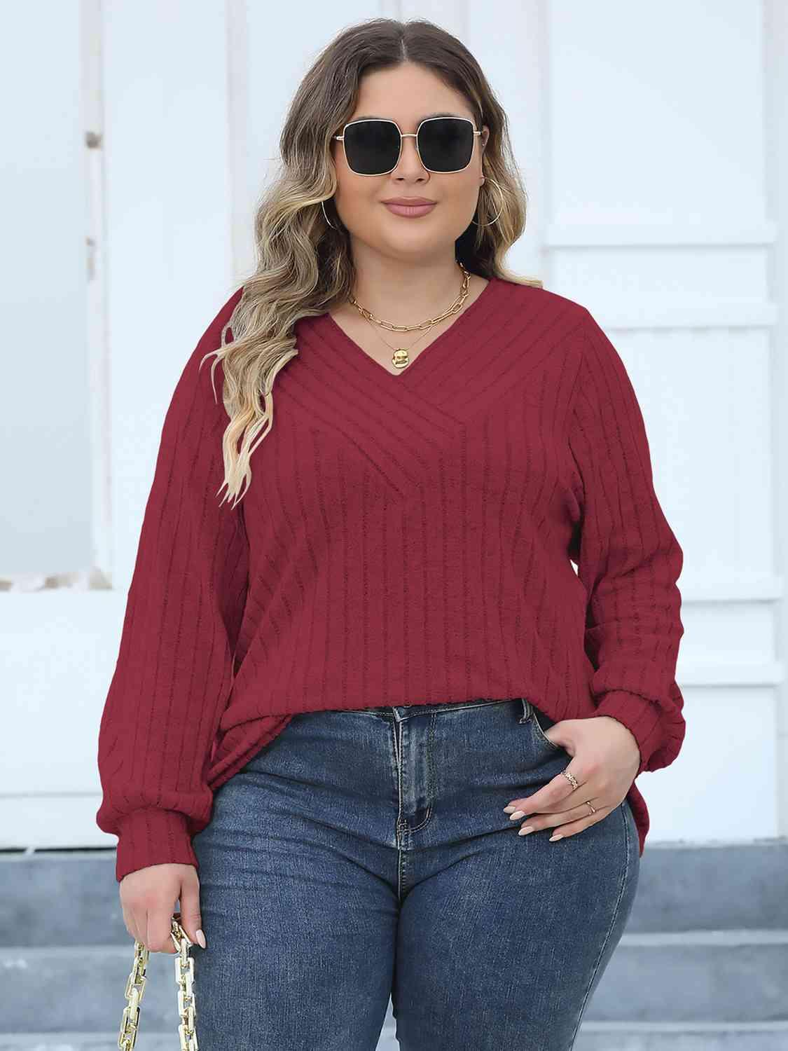 Plus Size Ribbed V-Neck Long Sleeve Top - Clothes For Her Online Store
