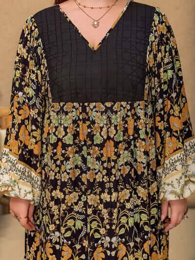 Plus Size Floral V-Neck Balloon Sleeve Midi Dress - Clothes For Her Online Store