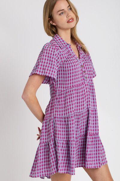 Umgee Full Size Gingham Tiered Button Detail Short Sleeve Dress Plus Size - Clothes For Her Online Store