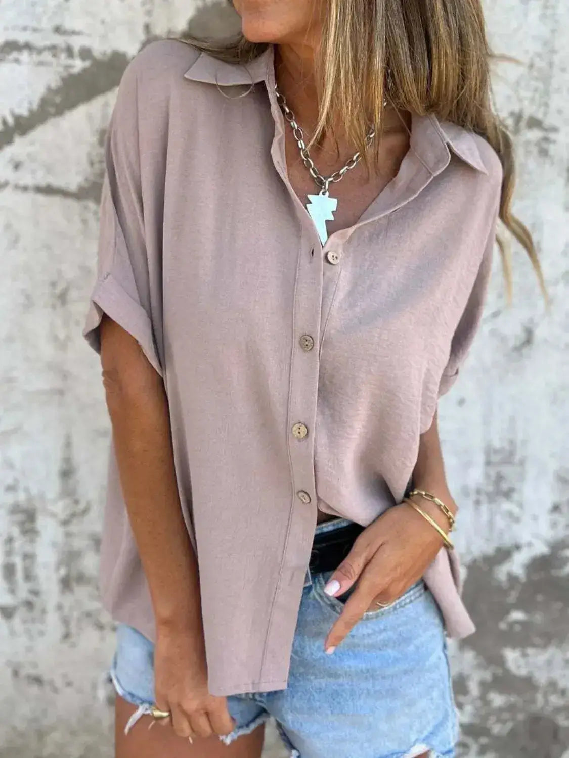 Full Size Collared Neck Half Sleeve Shirt Plus Size - Clothes For Her Online Store