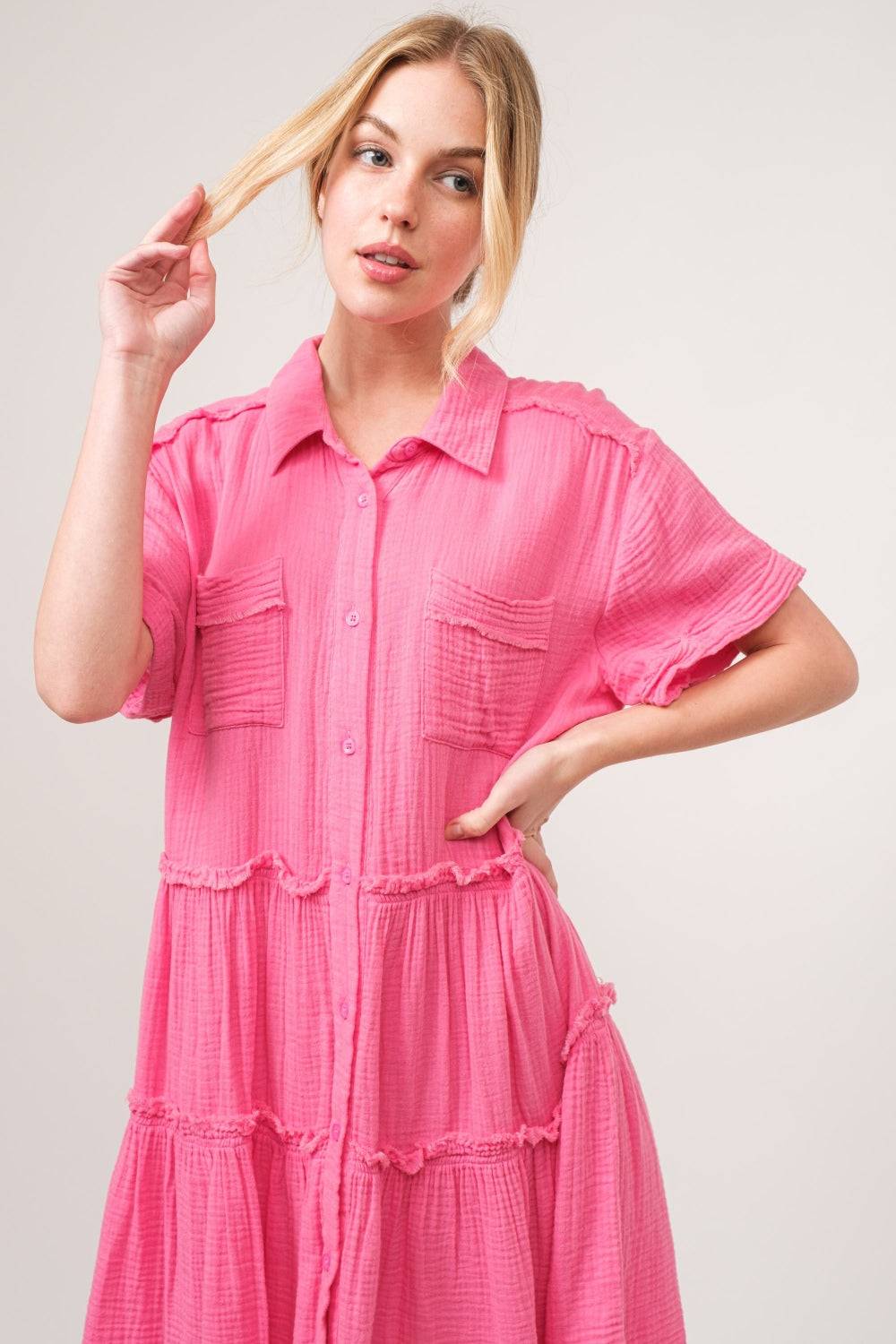And The Why Full Size Raw Edge Washed Tiered Shirt Dress - Clothes For Her Online Store
