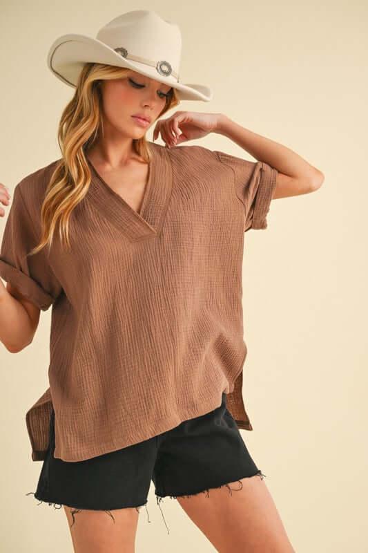 Aemi + Co Side Slit V-Neck Short Sleeve Blouse - Clothes For Her Online Store