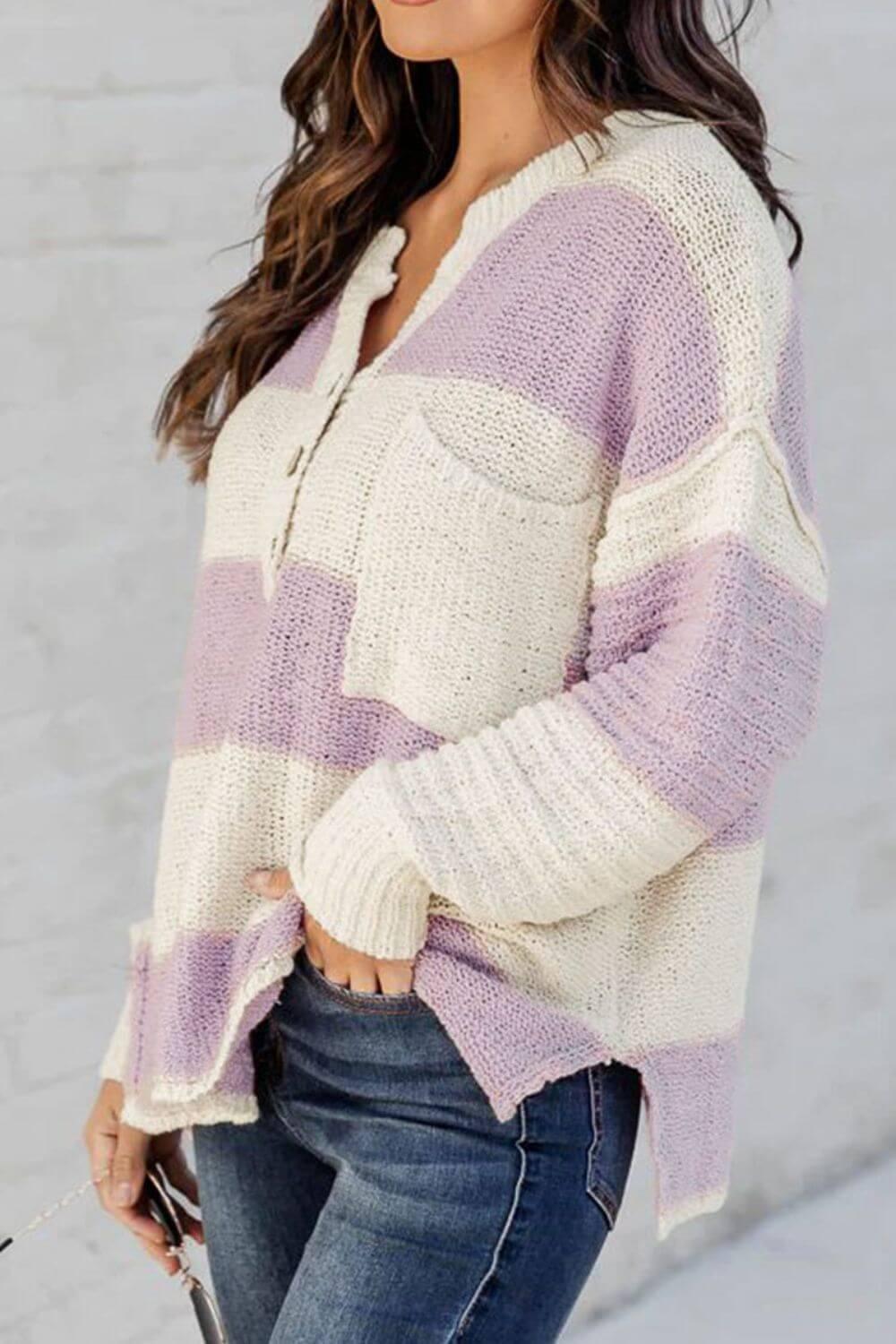 Striped Half Button Ribbed Sweater - Clothes For Her Online Store